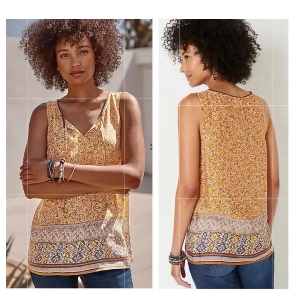 J. Jill Canyon Border Print blouse Tigers Eye Wood cut Paisley Size Petite M